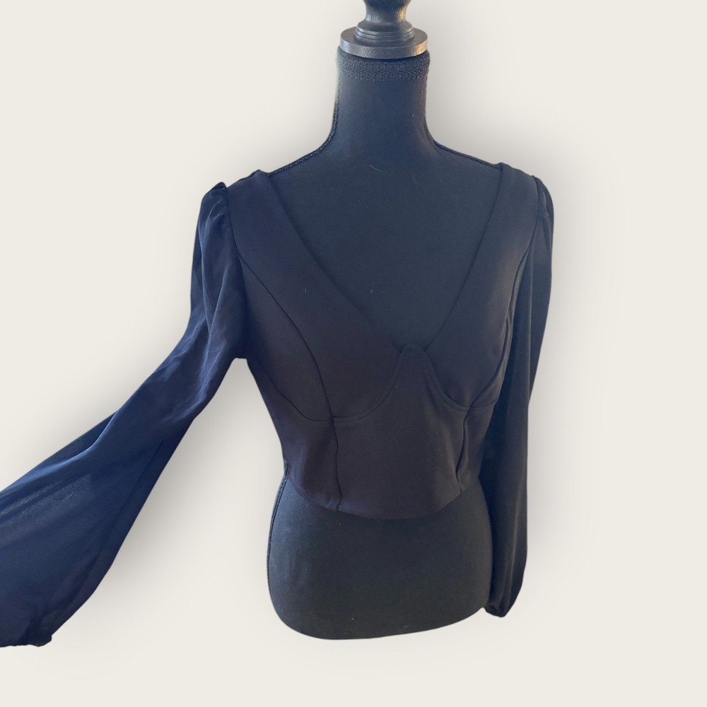 Black Corset Top L Sheer Sleeve Whimsigoth Witchy Romantic 90s Y2K Grunge Edgy - Picture 4 of 10